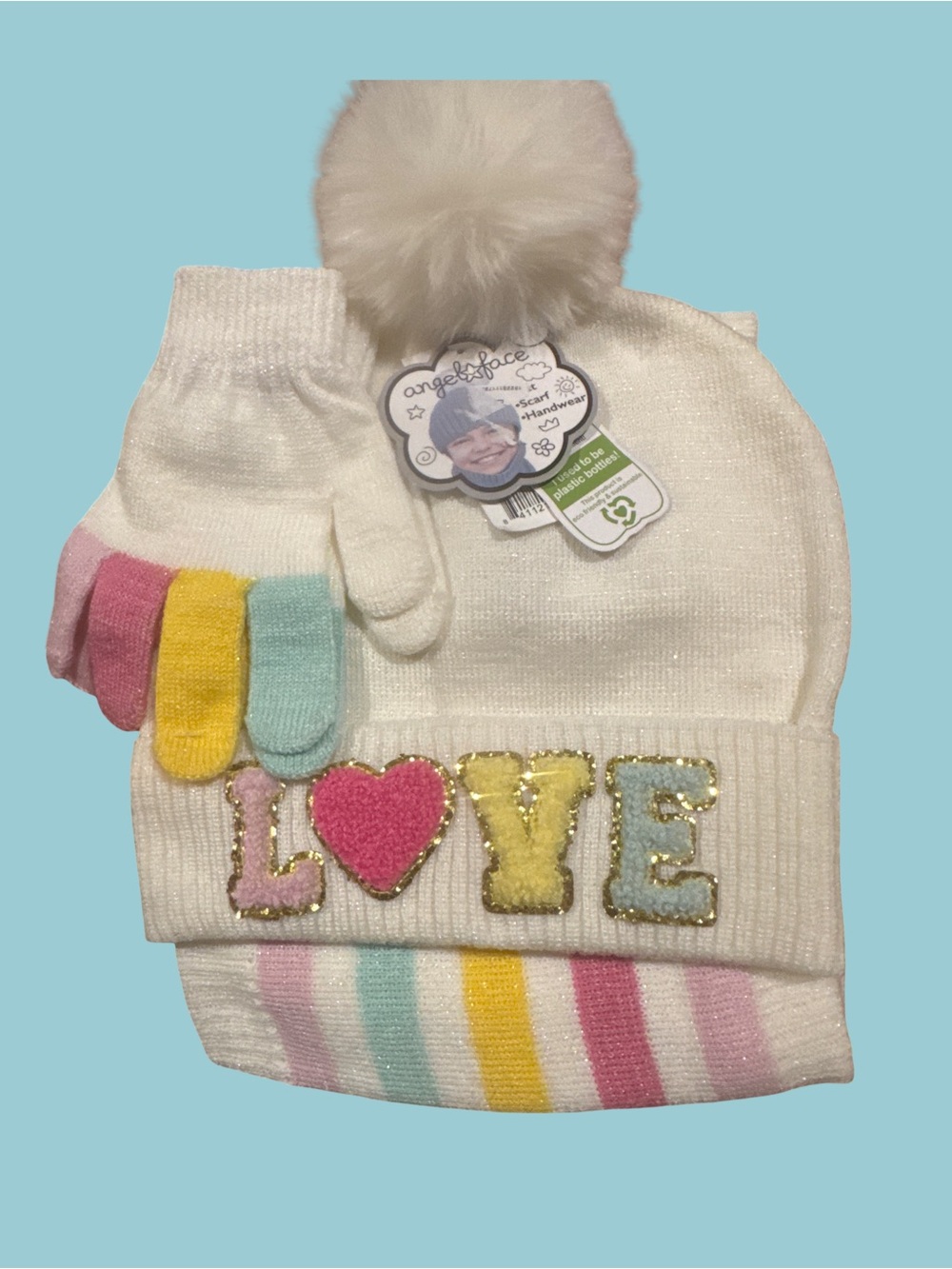 Kids White Knit Pom Pom Hat & Glove Set with LOVE Patch -